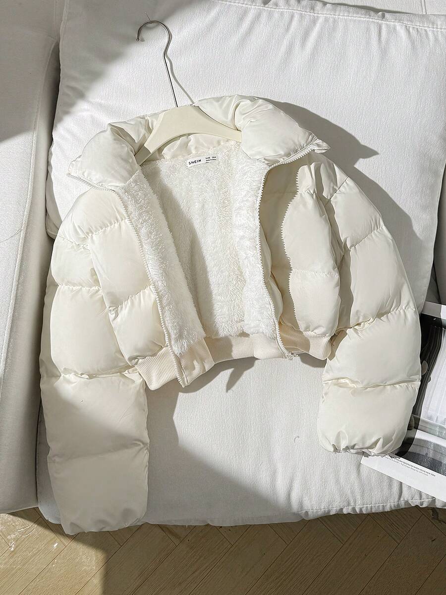 SHEIN 青少年女孩简约舒适时尚超大短款立领棉衣,超级保暖 - 白色 - 查看 1