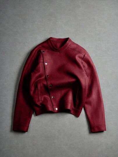 Manfinity EMRG Men's Oblique Button Long Sleeve Jacket, Asymmetrical Button Design Casual Jacket, Recommended Gift, Suitable For Husband, Boyfriend, Friend Red Varsity Jacket Red Leather Jacket Cropped Men Jacket Cropped Zip Up Men Jacket