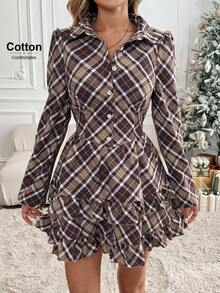 Easowa Autumn/Winter Fashion Plaid Mini Dress For Women, Lantern Sleeve, V-Neck Waist, Layered Ruffle Hem, Bow Back, Half-Placket Shirt Dress Christmas Clothes Winter Women Clothes Women Long Sleeve Dress Checkered Dress Plaid Dress Women Ruffle Hem Dress Button Up Dress