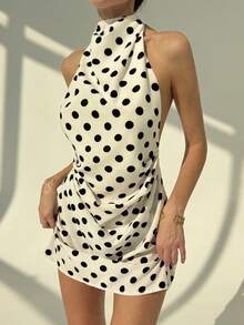 Aloruh 女式简约通勤系带露背紧身褶饰白色波尔卡圆点迷你连衣裙 - 黑與白 - 查看 9