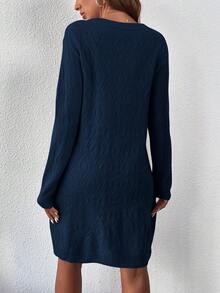 SHEIN LUNE Casual Crew Neck Long Sleeve Pullover Sweater Dress, Versatile - Navy Blue - View 2