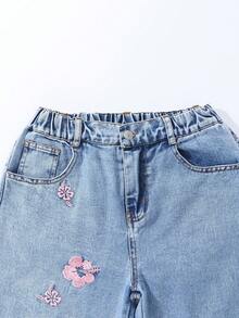 SHEIN ChillGRL Tween Girls Jeans - 新款时尚雪花洗做旧刺绣阔腿牛仔裤 - 淺色水洗藍 - 查看 3
