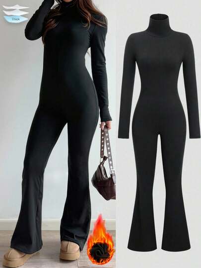 SHEIN MOOSTA 女式黑色针织保暖内衬高领长袖拇指孔修身喇叭腿连体裤，复古优雅户外通勤百搭简约设计，超柔软舒适，适合休闲、居家、教师穿着