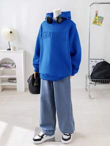 SHEIN Teen Boys' Casual Hooded Sweatshirt, Embossed English Text, Long Sleeve, Autumn, Winter, Sports, Baby Blue, Y2k, Graduation, Back-To-School, Versatile Sweatshirts - Royal Blue - View 4