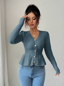 Elenzga Áo len cardigan dệt kim ôm sát cổ chữ V nhún bèo thanh lịch dành cho nữ, thích hợp cho kỳ nghỉ lễ và nghỉ dưỡng, mùa thu/đông - Màu xanh bụi bặm - Xem 3