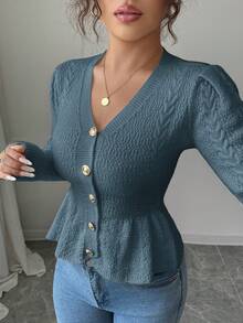 Elenzga Áo len cardigan dệt kim ôm sát cổ chữ V nhún bèo thanh lịch dành cho nữ, thích hợp cho kỳ nghỉ lễ và nghỉ dưỡng, mùa thu/đông - Màu xanh bụi bặm - Xem 4
