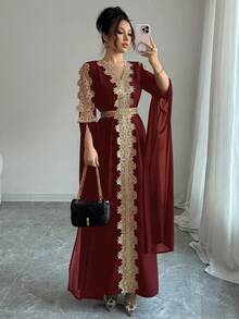 Rafferiza Áo choàng Abaya chắp vá tay dài cho nữ, váy Kaftan viền ren màu trơn - Màu Đỏ Sâu - Xem 6