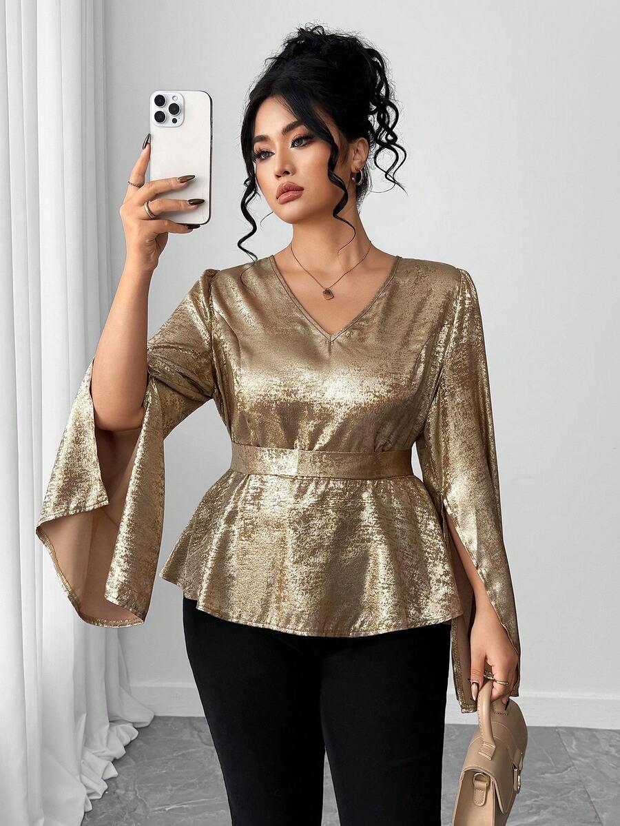Elenzga 大码女式优雅法式闪亮金属面料衬衫，V 领，系腰带，喇叭形长袖，适合日常外出、聚会、约会、酒吧，独特的闪亮哑光面料，春季衬衫 - 金色 - 查看 1