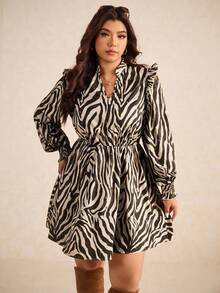 Elaquor Plus Size Casual Zebra Print Dress, /Valentine's Day Spring - Black - View 8