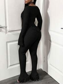 BamGleam 两件套女士秋冬拉链流苏高腰性感针织毛衣套装 - 黑色 - 查看 2