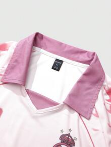 ROMWE MEN Prep Áo thun Polo nam, Áo thun Polo tay ngắn in họa tiết hoa anh đào và chữ tiếng Anh thể thao thường ngày - Hồng - Xem 6