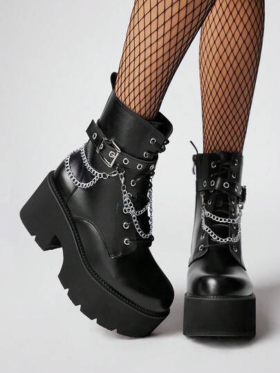 ROMWE Grunge Punk 女士暗黑朋克风厚底粗跟踝靴，哥特金属链条装饰坡跟踝靴，舒适工装靴，万圣节/圣诞节/Y2K