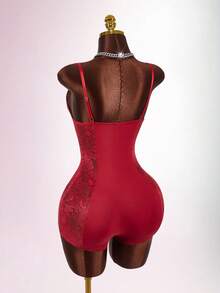 Amplova Bộ đồ liền thân màu trơn phối ren tương phản quyến rũ ôm eo dành cho nữ - Màu Đỏ Sâu - Xem 2