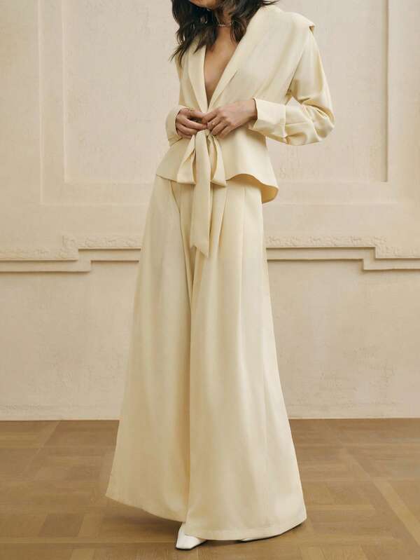 INAWLY Conjunto de 2 piezas de pantalones de pierna ancha de color amarillo claro elegante y de moda para mujer