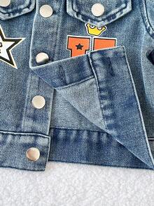 SHEIN Playful Pals 2pcs Baby Boys Retro Blue Denim Outfit,Collared Long Sleeve Jacket With Letter Print And Elastic Waist Wide Leg Pants,Casual Back-To-School Autumn Set - Medium Wash - View 7