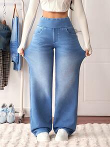 SHEIN Tall Quần jean ống rộng cạp cao, dáng rộng, thường ngày cho nữ - Màu xanh lam - Xem 13