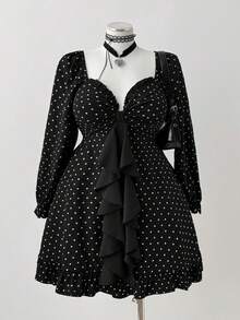 Sunspun 大码可爱心形和波尔卡圆点印花黑色连衣裙 - 黑色 - 查看 8