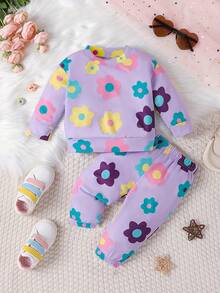 SHEIN Baby GirlCute Kawaii Purple Base Colorful Floral Pattern Print Warm & Comfortable Round Neck Sweatshirt And Pants Set, Suitable For Autumn/Winter - Multicolor - View 3