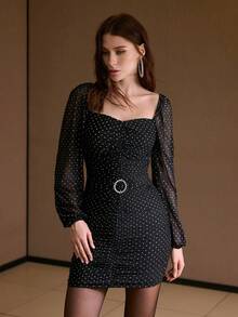 MOTF PREMIUM SWEETHEART NECK POLKA DOT PRINT GATHERED DRESS, FALL WINTER - Black - View 4