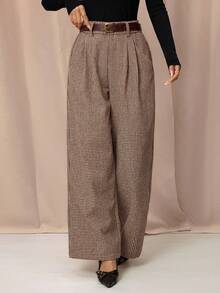 SHEIN PETITE 复古优雅女式修身格子直筒口袋裤，卡其色文艺复兴博览会旧钱商务休闲女装商务休闲女装工作服女装旧钱风格女装商务休闲女装教堂服装女装 - 棕色 - 查看 4