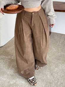 Dazy Plus Quần ống đứng nhung dày màu trơn cỡ lớn cho nữ, mùa thu/đông - Màu Khaki - Xem 8