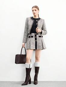 CUCCOO BIZCHIC 高品质棕色袖口针织高筒靴，尖头粗跟优雅女靴，时尚百搭新款靴子，展现女性魅力和优雅 - 棕色 - 查看 10