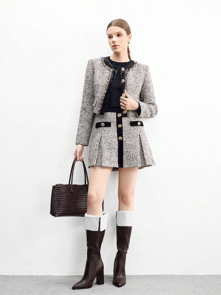 CUCCOO BIZCHIC High-Quality Brown Cuff Knit Tall Boots, Pointed Toe Chunky Heel Elegant Women's Boots, Fashionable Versatile New Style Boots, Showcasing Feminine Charm And Elegant