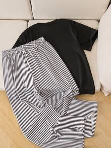 Teen Girl Round Neck Short Sleeve Casual Summer T-Shirt And Striped Pants Set - Black - View 2