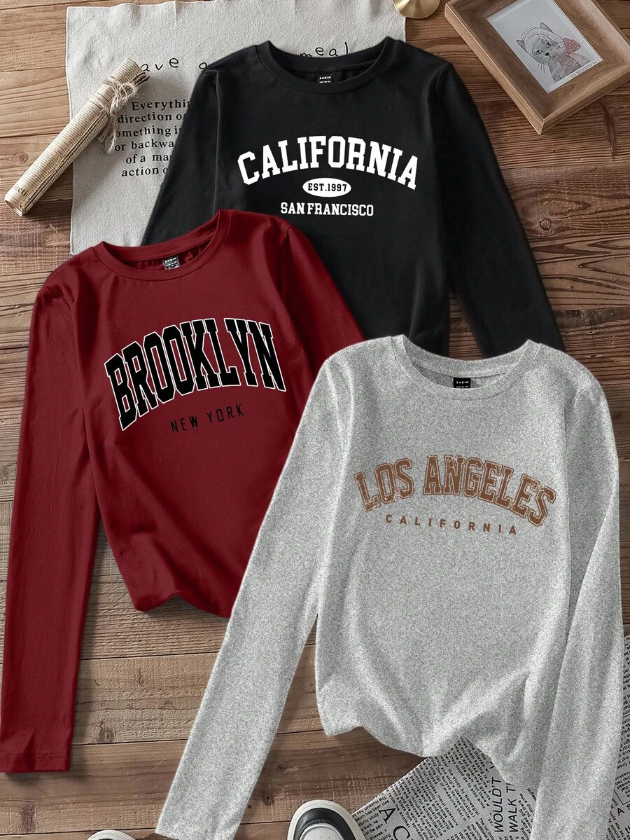 SHEIN EZwear 3 件套女式图案印花圆领休闲修身长袖 T 恤套装，秋冬 - 彩色 - 查看 1