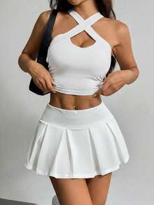 SHEIN EZwear 夏季外出宽腰带腰部喇叭下摆白色迷你裙 - 白色 - 查看 4