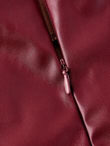 SHEIN MOD 红色褶皱女士PU皮革百搭迷你裙 - 紅色 - 查看 4