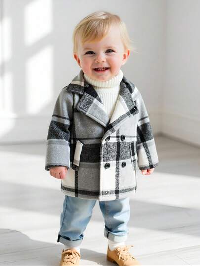Baby Girl Elegant Vintage Plaid Woolen Coat, Elegant Clothing Matching Vintage Plaid Woolen Fabric, Baby Clothing, Suitable For Children Aged 3 Months To 3 Years Old, Baby Brand Clothing