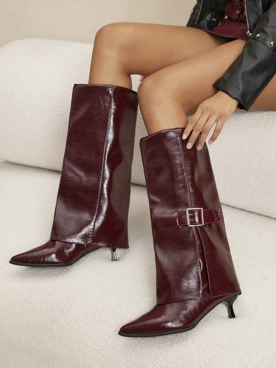 Daringsoles Pointed Toe Riding Boots, Fashionable Tall Metal Buckle Slim High Heel Straight Tube Leg Boots, Slimming Knee-High Boots For Christmas - Burgundy - View 1