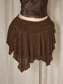 SHEIN ICON 大码女式波西米亚风格棕色纹理针织不对称迷你裙 - 棕色 - 查看 6