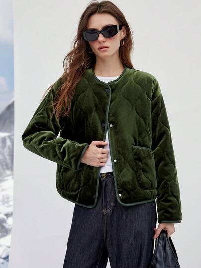 Aveloria Modichic Vintage Green Velvet Padded Coat, Casual Commuter Outerwear