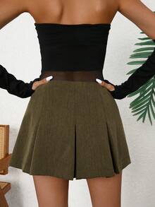 EMERY ROSE Women's Solid Color Pleated A-Line Skirt, Casual & Versatile - Army Green - View 2
