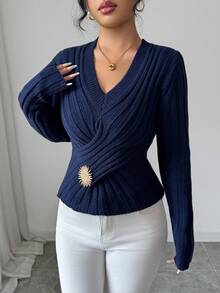 Elenzga Women's Ribbed V-Neck Long Sleeve Sweater, Fashionable For Autumn/Winter - Navy Blue - View 4