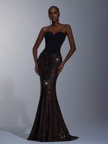 Elitara 优雅、浪漫、性感、时尚、简约、黑色、亮片拼接、弹性面料、节日、度假、生日、派对、婚礼活动、正式晚宴礼服 - 黑色 - 查看 8