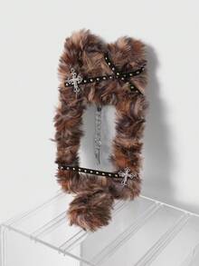 ROMWE Kawaii 1 件可爱豹纹毛绒猫钥匙扣、朋克铆钉装饰卡夹、Y2K 偶像 3 英寸卡片装饰包饰 - 棕色 - 查看 4