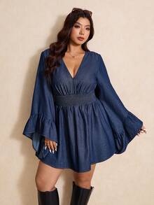 Elaquor French-Style Sexy Fitted Waist Ruffle Dress V-Neck Long Sleeve Dress Elegant Women's Clothing,Comfortable Lumbar Support Design - Dark Wash - View 7