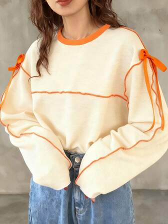 FRIFUL Camiseta de mujer de cuello redondo oversize con contraste de color y lazo