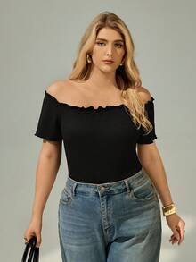 Auralis Plus Size Women's Fashionable Elegant Off Shoulder Frill Trim T-Shirt - Black - View 6