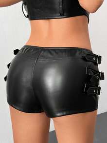 SHEIN PETITE Quần short ngắn siêu ngắn trang trí họa tiết PU bó sát cạp thấp Y2k cho lễ hội Rave - màu đen - Xem 5