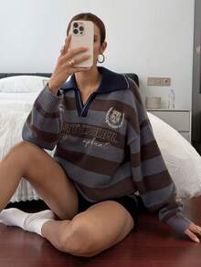 Livesso Women's Loose Business Casual Striped Letter Pattern Knit Pullover Sweater, Fashionable Street Style For School Season, Autumn/Winter - Blue - View 1