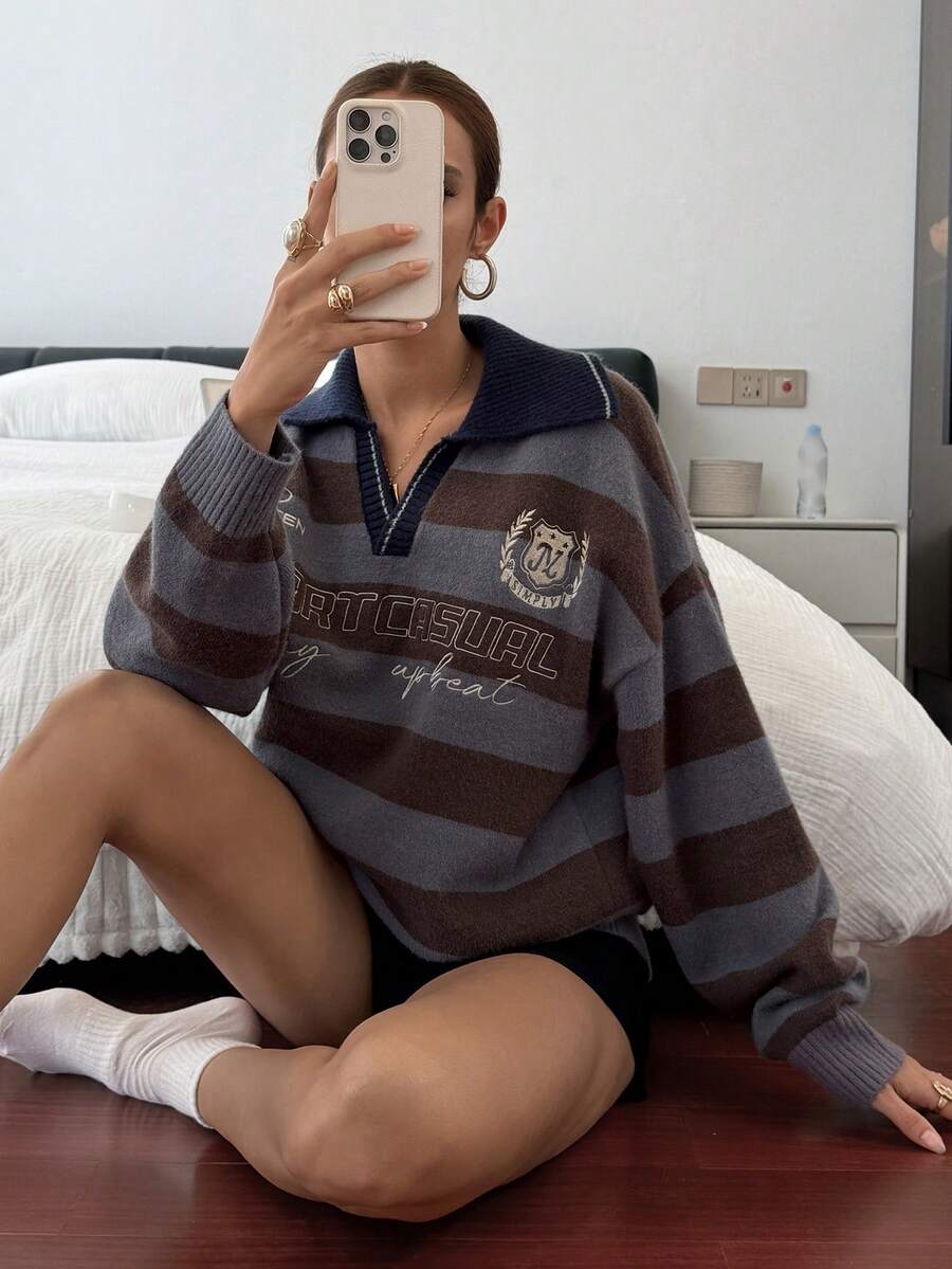 Livesso Women's Loose Business Casual Striped Letter Pattern Knit Pullover Sweater, Fashionable Street Style For School Season, Autumn/Winter - Blue - View 1