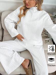 SHEIN LUNE 2 件女式加厚纹理面料白色运动衫套装，高领长袖宽松运动衫和直筒裤，秋冬休闲舒适服装 - 白色 - 查看 3