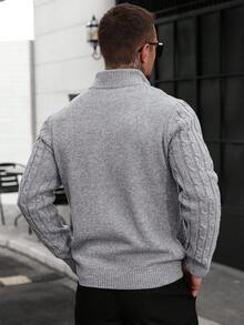 Manfinity Homme Plus Size Men's Casual Solid Color Stand Collar Cardigan, Autumn/Winter Knitted Cardigans Cable Knit Men Sweater Cardigan, Long Sleeve Top