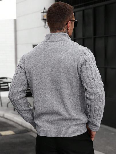 Manfinity Homme Plus Size Men's Casual Solid Color Stand Collar Cardigan, Autumn/Winter Knitted Cardigans Cable Knit Men Sweater Cardigan, Long Sleeve Top