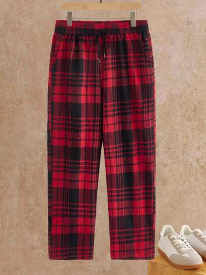 HIMLAND Men's Casual Plaid Print Drawstring Pants, Christmas Mens Plaid Pants Black And Red Jeans Men And Red Pants Flannel Manfinity Men Pants Men Pajama Pant Lounge Pants