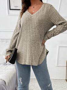EMERY ROSE Plus Size Women's Casual V-Neck Long Sleeve Ribbed Knit T-Shirt, Solid Color, Versatile For Daily Wear, Spring/Autumn - Apricot - View 5